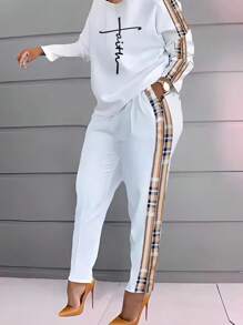Elegant Women's Carnival Outfit, Fashion Casual Letter Print Long Sleeve Top & Side Stripe Drawstring Pants Set - White - View 1