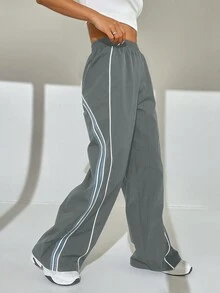 SHEIN EZwear 撞色條紋捲邊長褲 - 灰色 - 查看 5