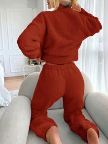 SHEIN Cottnline Solid Drop Shoulder Teddy Pullover & Pants - Burgundy - View 2
