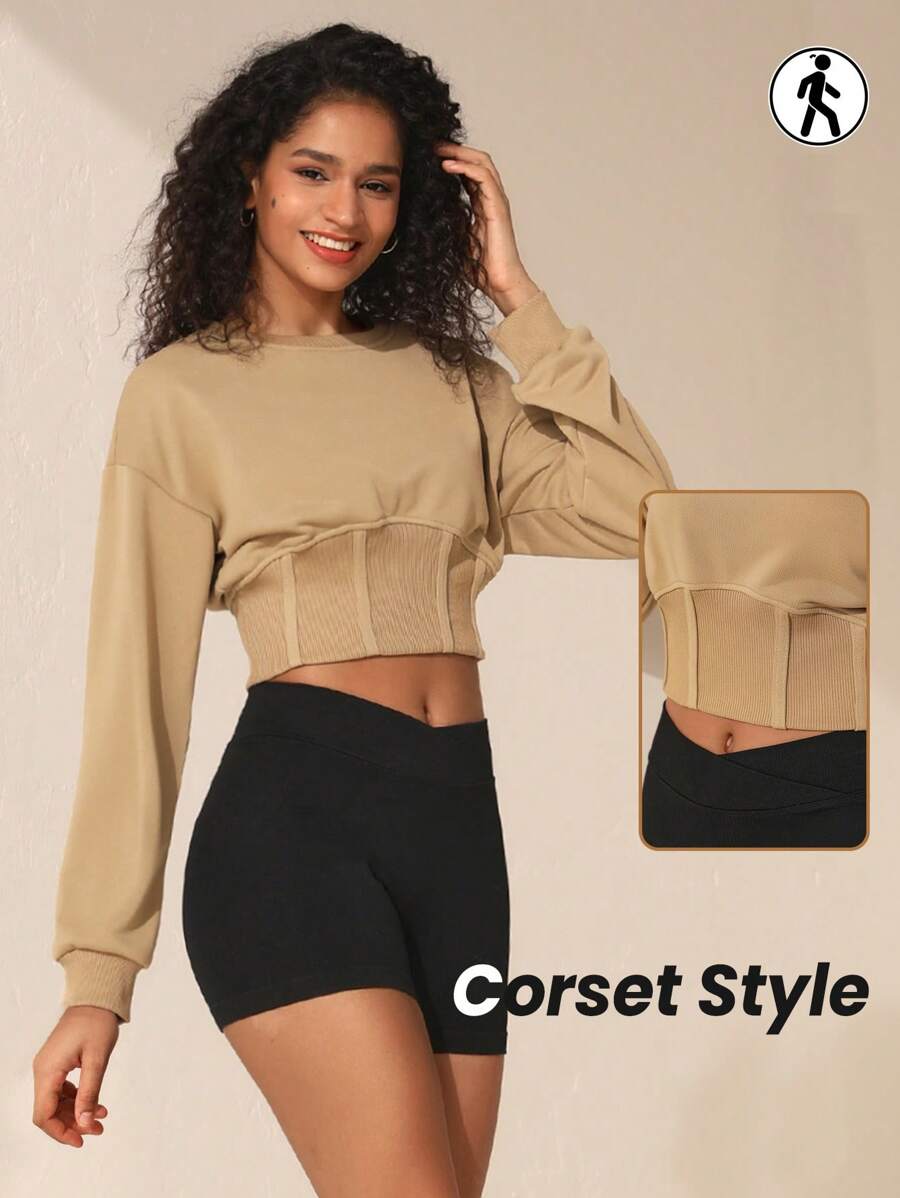 SHEIN Sports Women's Drop Shoulder Sports Sweatshirt - Brown - View 1