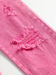 SHEIN Explorewe Nhỏ bé Cô gái Chân thẳng Giải trí Quần jean Distressed - Màu Hồng Tươi - Xem 3