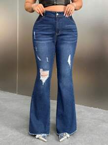 SHEIN ICON Y2K 女款蓝色弹力破洞高腰紧身喇叭牛仔裤 - 藍色 - 查看 1