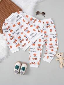 SHEIN Toddler Boys' Cartoon Printed Zip-Front Jacket And Pants Set - White - View 1