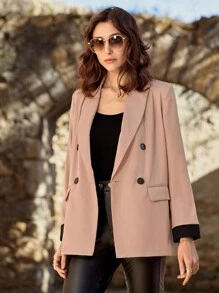 SHEIN LUNE Lapel Neck Double Breasted Blazer - Khaki - View 4