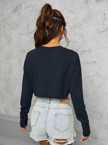 INAWLY Long Sleeve Crop Tees Fall Cloth For Women - Navy Blue - View 2