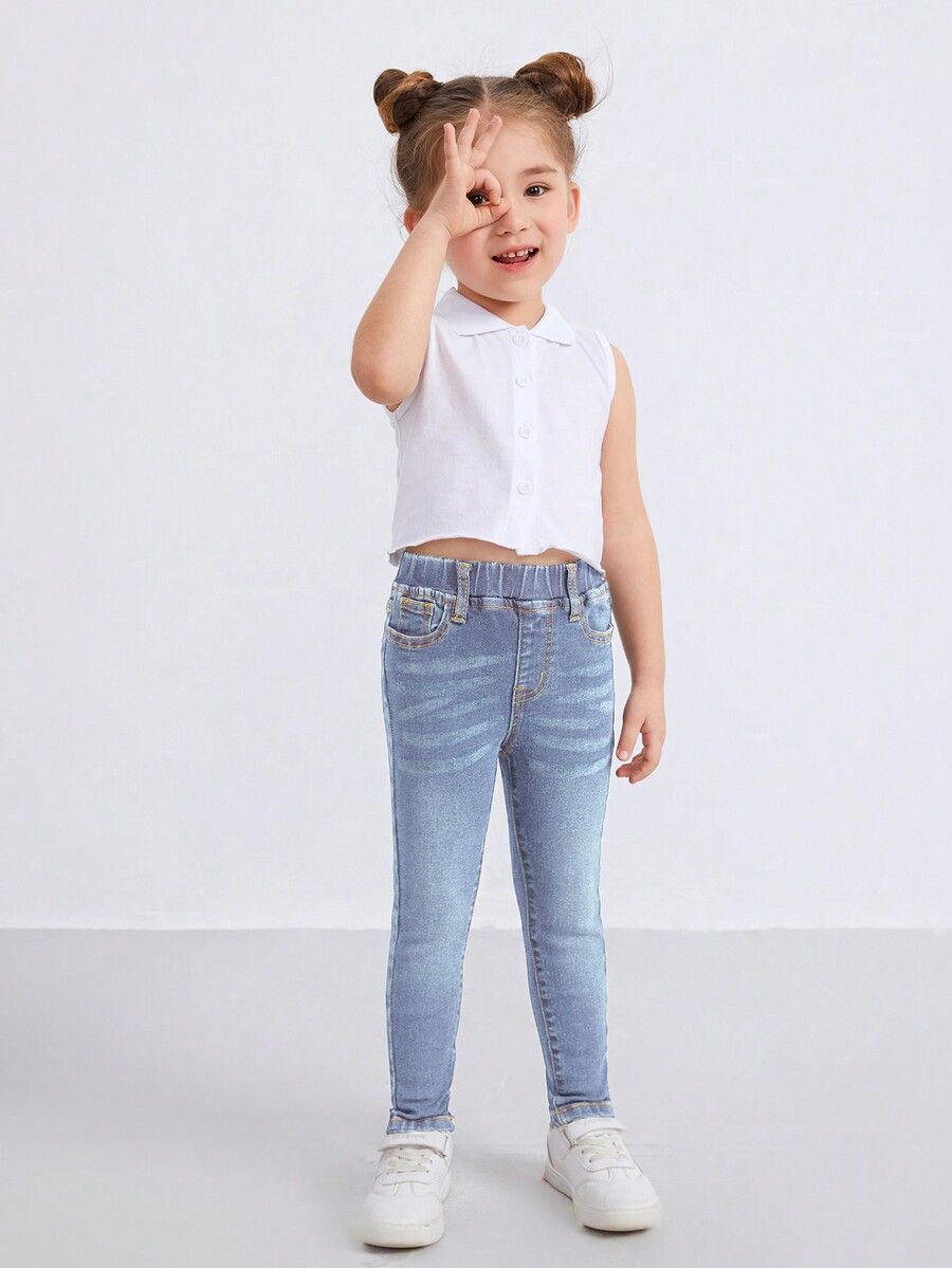 SHEIN Young Girl Casual Washed Cat Whisker Elastic Waist Jeans for Sale