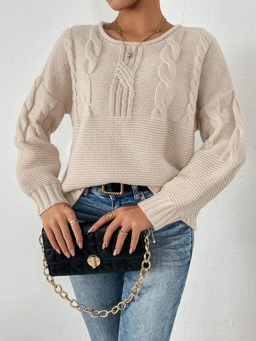 SHEIN Frenchy 圓領針織毛衣,採用下垂肩設計 - 卡其色 - 查看 1