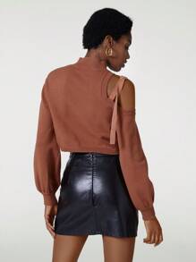 NILLARY Designer Women Solid Color Hollow Out Shoulder & Stand Collar Cropped Sweater, For Holiday, Vacation, Festival, Ibiza Fits - Rust Brown - View 3