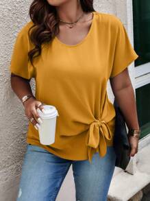 SHEIN LUNE 大碼短袖連衣褲,帶結細節 - 薑色 - 查看 5