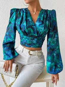 Breezaya Printed Lantern Sleeve Cropped Blouse With Pleats Fall Cloth For Women - Green - View 2