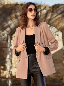 SHEIN LUNE Lapel Neck Double Breasted Blazer - Khaki - View 6