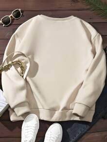 SHEIN Essnce 卡通字母印花保暖衬里运动衫 - 杏色 - 查看 2