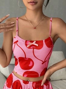 蝴蝶結裝飾櫻桃印花睡衣上衣 - 西瓜粉 - 查看 4