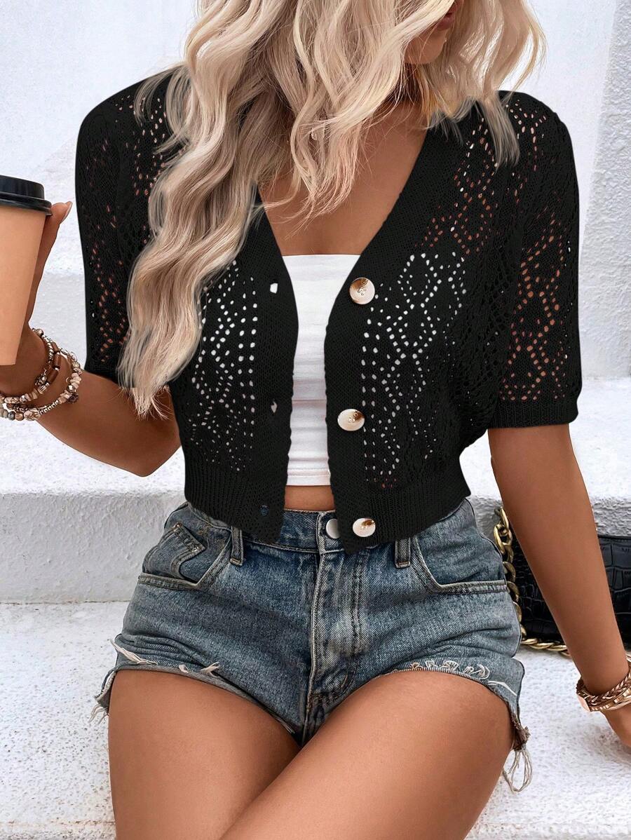 SHEIN LUNE Cardigan A Maniche Corte Con Incisioni A Maglia Vuota Per Donne