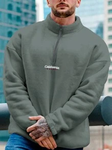 Manfinity Homme Men's Letter Printed Drop Shoulder Loose Fleece Sweatshirt - Grey - View 1