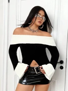 SHEIN X MariajoseGi SHEIN ICON Plus Size Color Block Off Shoulder Bell Sleeve Sweater - Black and White - View 4