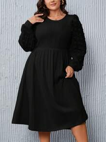 SHEIN Clasi 大尺碼純色圓領燈籠袖連衣裙 - 黑色 - 查看 5
