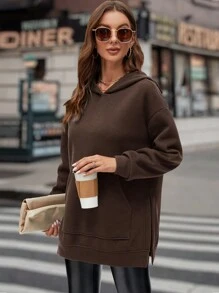 SHEIN LUNE 女式掉肩兜帽衫 - 咖啡棕 - 查看 5