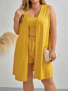 SHEIN LUNE Hơn Chất rắn Áo ba lỗ & Quần short & Mở Mặt trước áo - Màu vàng - Xem 4