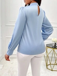 Women's Stand Collar Lantern Sleeve Work Shirt - Blue - View 2