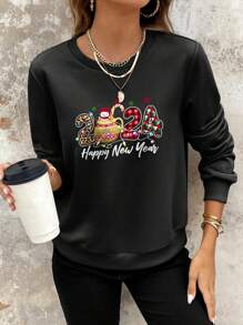 SHEIN LUNE 1pc Casual Round Neck Drop Shoulder Sleeve Sweatshirt With Text Print - Black - View 4