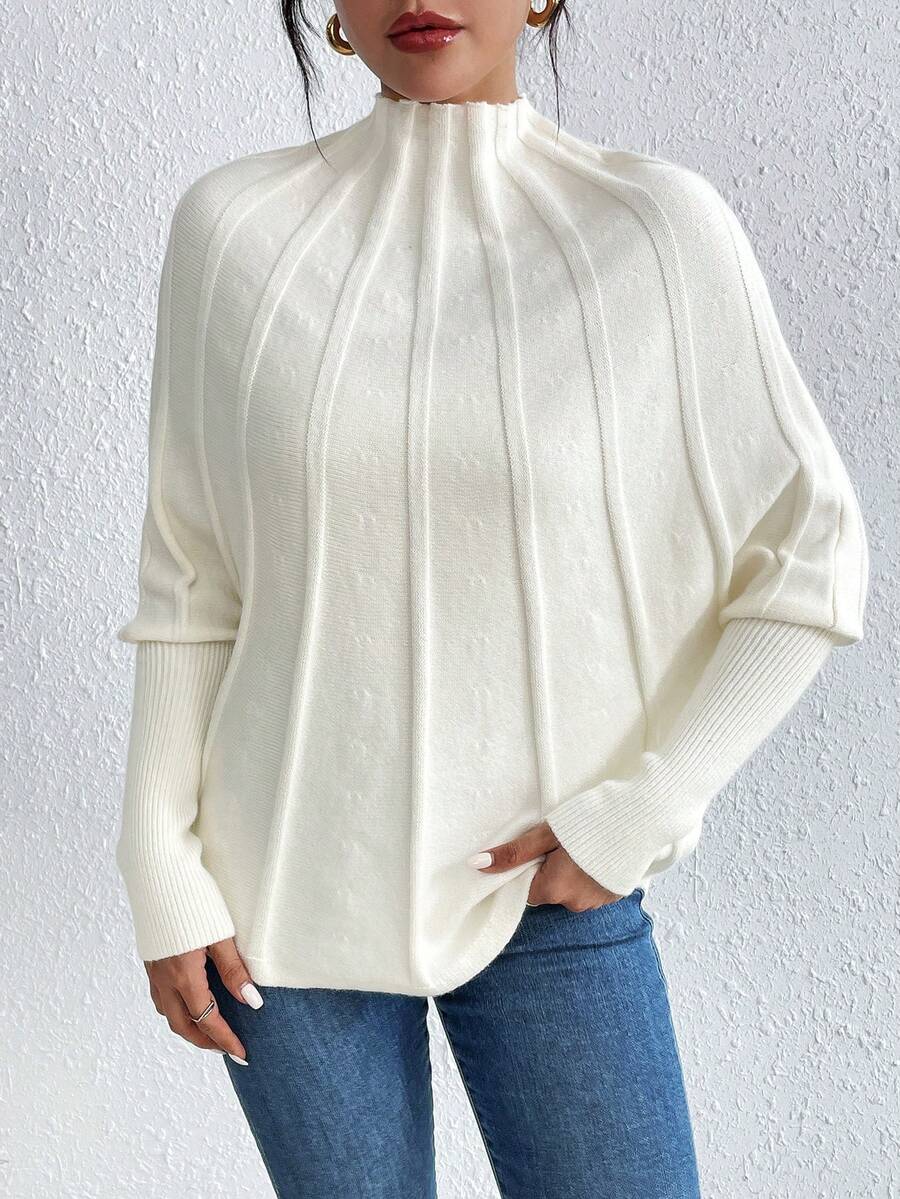 SHEIN Essnce Của phụ nữ Màu thuần Đứng cổ áo tay cánh Áo len - Màu be - Xem 1