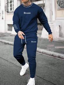 Manfinity Homme Men's Letter Printed Sweatshirt And Sweatpants Casual Two-Piece Set, Men Tracksuit Sets, Men 2 Piece Set Sweats, 2 Piece Set Men Street - Navy Blue - View 1