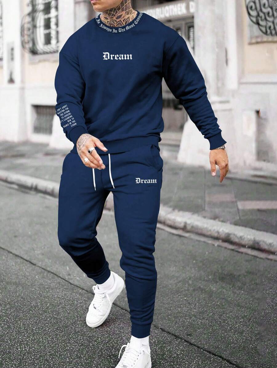 Manfinity Homme Men's Letter Printed Sweatshirt And Sweatpants Casual Two-Piece Set, Men Tracksuit Sets, Men 2 Piece Set Sweats, 2 Piece Set Men Street - Navy Blue - View 1