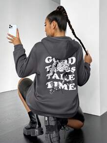 SHEIN EZwear 女裝大尺碼連帽衛衣,印有字母和花卉圖案及束口帶,適用於冬季 - 灰色 - 查看 2