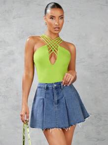 SHEIN BAE Solid Color Cross Straps Bodycon Bodysuit With Thin Straps For Summer Streetwear - Green - View 1