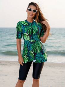 Swim Lushoire 熱帶印花短袖小背心泳裝套裝 - 彩色 - 查看 5