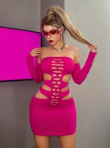 Sweetina Hollow Out Off Shoulder Bodycon Dress - Hot Pink - View 3