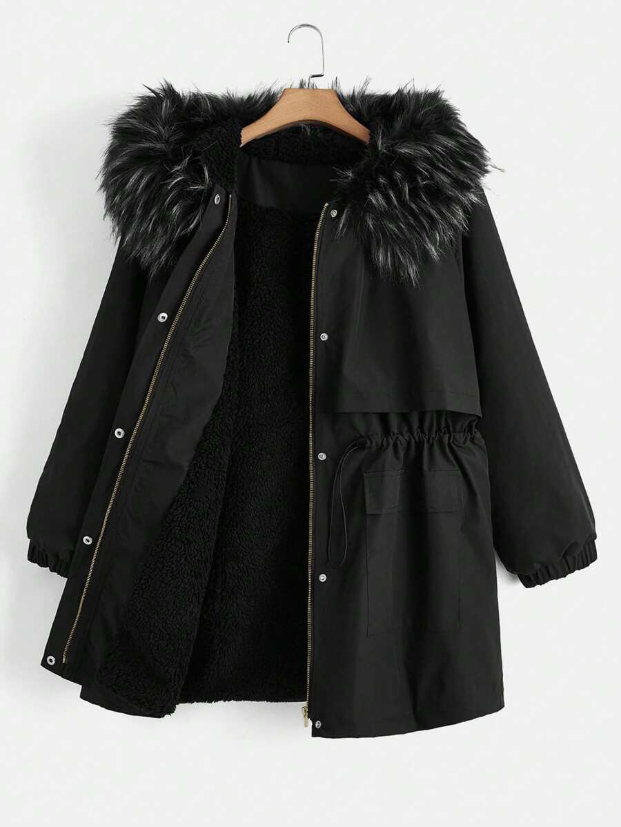 Flirla Plus Fuzzy Trim Drawstring Waist Hooded Parka Padded Coat, For Winter Clothes - Black - View 1