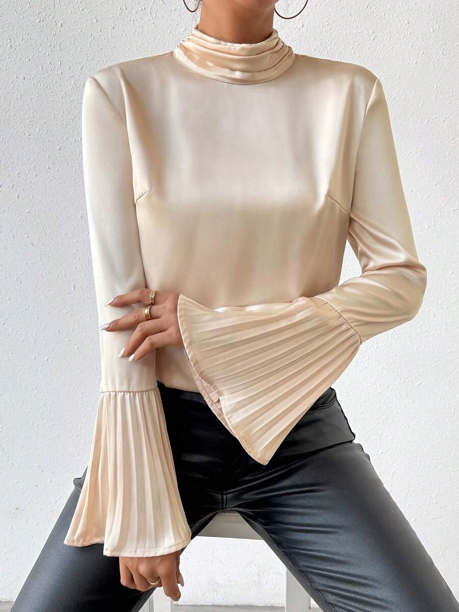 SHEIN Privé Elegant Pleated Loose Fit Blouse With Bell Sleeves - Apricot - View 1