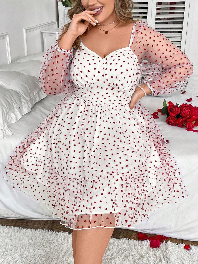 Plus Size Heart Mesh Spliced Sweetheart Neckline Dress
