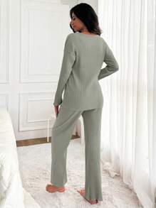 RueChic Letter Printed Drop Shoulder Ribbed Knit Home Suit - Mint Green - View 2