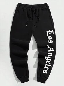 Manfinity LEGND 男士加大號字母印花運動長褲,帶有斜口袋 - 黑色 - 查看 4