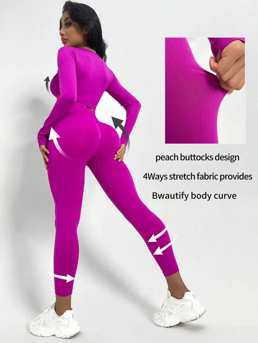 Yoga Basic Wide Waistband Sports Set - Hot Pink - View 1