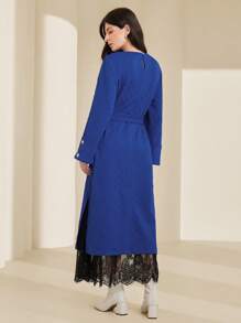 Seusyu Vestido Feminino Azul Com Decote Redondo E Cinto - Azul - Ver 2