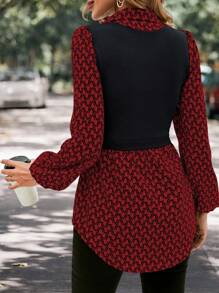 SHEIN LUNE 幾何圖案燈籠袖2合1上衣 - 酒紅色 - 查看 2