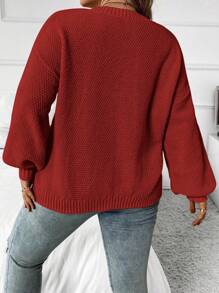 SHEIN LUNE 實心色系加大號垂墜肩毛衣 - 酒紅色 - 查看 2