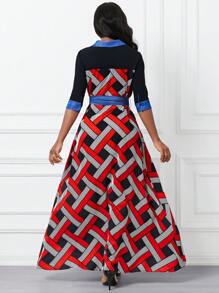 SHEIN Lady 女士幾何圖案印花腰帶襯衫裙 - 彩色 - 查看 3