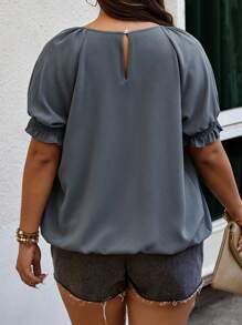 Celure Plus Size Solid Color Pleated Short Sleeve Shirt - Blue - View 2