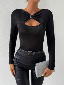 SHEIN Allurite 空心設計長袖修身t恤 - 黑色 - 查看 5