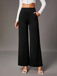 SHEIN Tall 純色高腰直筒褲 - 黑色 - 查看 1