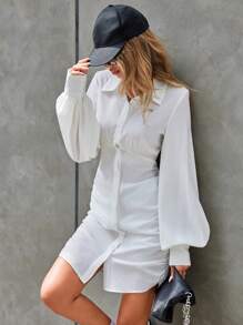 SHEIN Essnce Trắng Có nút Tay áo lồng đèn Đầm - trắng - Xem 3
