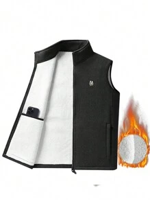 Áo khoác gile lông cừu dày dặn mùa đông dành cho nam, áo cardigan không tay mềm mại cổ đứng, giữ ấm. - màu đen - Xem 1