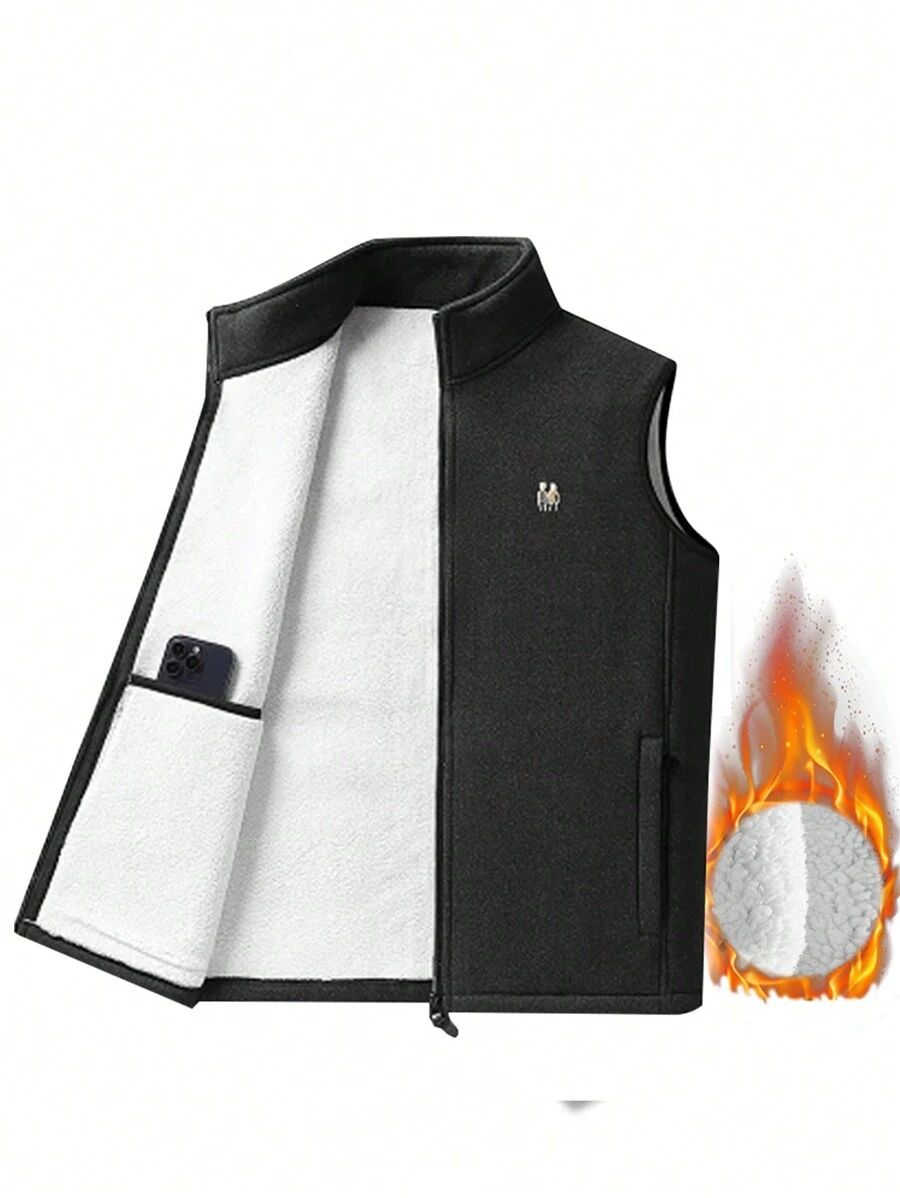 Áo khoác gile lông cừu dày dặn mùa đông dành cho nam, áo cardigan không tay mềm mại cổ đứng, giữ ấm. - màu đen - Xem 1