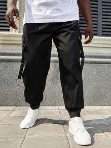 Manfinity Homme Pantalones Cargo Con Eslogan Y Talla Grande Para Hombres - Negro - Ver 4