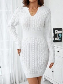 SHEIN LUNE 有缐針織毛衣裙，配有表領和貼身剪裁 - 米色 - 查看 4